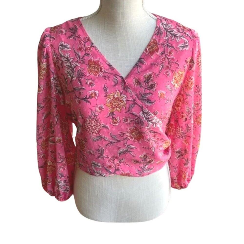 NWOT Joie Floral Faux Wrap Cropped Long Sleeve Top Pink Small